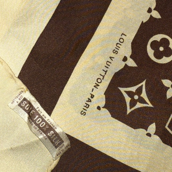 RARE VINTAGE LOUIS VUITTON Brown and Beige LV Monogram Silk Scarf - Picture 5 of 8